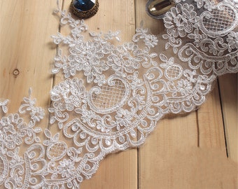 Lace Trimming by the yard, French Lace, Alencon Lace, Bridal Gown lace, Wedding Lace, White Lace, Veil Sequins lace trim