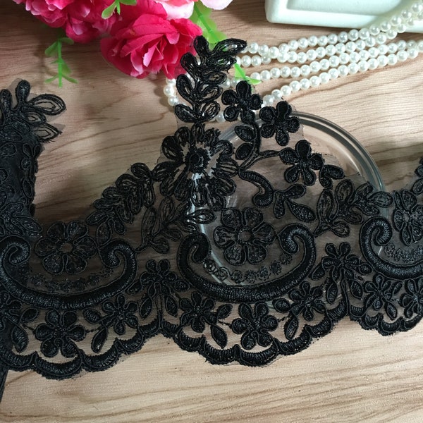 Black Lace Trim, Embroidered Lace, Retro Embroidered Flowers Lace Trim , Black Gauze Scalloped Lace Trim By the yard