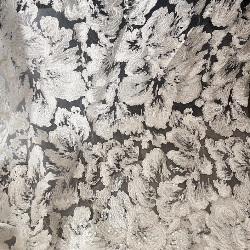 Luxury Flower Sequin Embroidery Lace Fabric: Bridal Couture, Off-White, By The Yard image 10