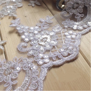 Alencon Lace Trim: Corded Bridal Sequins, 4.5&quot; Wide, Sell By Yard