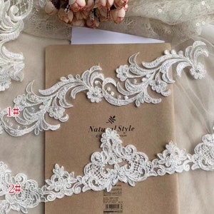 3D Beaded Embroidery Lace Trim: Ivory Pearl Wedding Dress Gown Lace - Sold by Yard