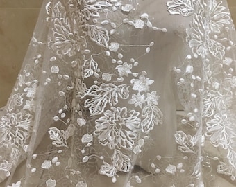 Tela de encaje floral con lentejuelas: bordado de tul blanco roto, encaje para vestido de novia cortado a medida