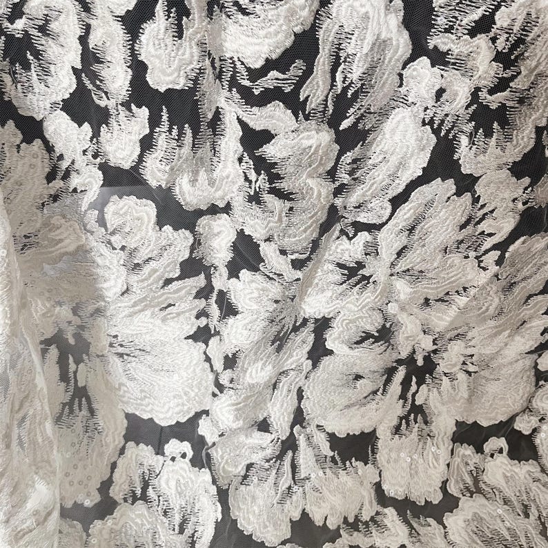 Luxury Flower Sequin Embroidery Lace Fabric: Bridal Couture, Off-White, By The Yard image 6