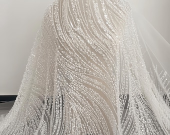 Tissu dentelle à broder avec perles : tulle blanc cassé, dentelle pour robe de mariée, par mètre