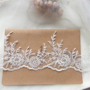 Exquisite Corded Lace Trim, Mesh Embroidered Lace Trim for Wedding Dress, Bridal Veil Lace, Tulle Floral Lace Trim By The Yard