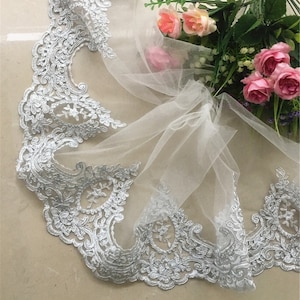 Silver Gray Vintage Embroidery Lace Trim Alencon Tulle Lace Trim by the yard
