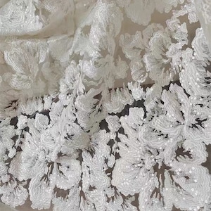 Luxury Flower Sequin Embroidery Lace Fabric: Bridal Couture, Off-White, By The Yard
