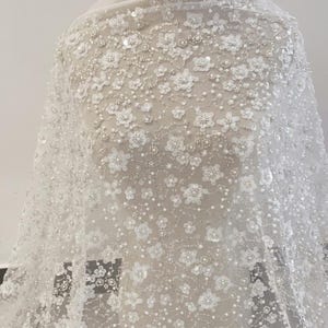 Beaded Flower Embroidery Lace Fabric: Off-White Tulle Bridal Lace By The Yard