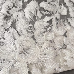 Luxury Flower Sequin Embroidery Lace Fabric: Bridal Couture, Off-White, By The Yard image 9