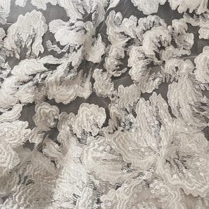 Luxury Flower Sequin Embroidery Lace Fabric: Bridal Couture, Off-White, By The Yard image 7