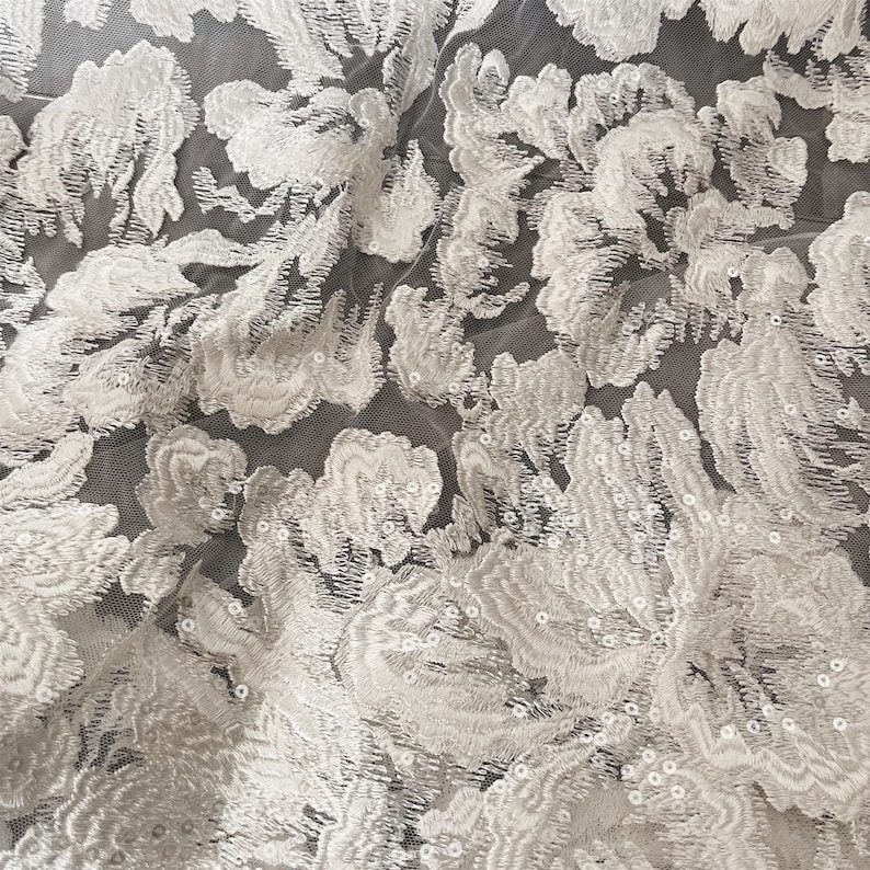 Luxury Flower Sequin Embroidery Lace Fabric: Bridal Couture, Off-White, By The Yard image 7