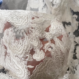 Luxury Flower Sequin Embroidery Lace Fabric: Bridal Couture, Off-White, By The Yard image 8