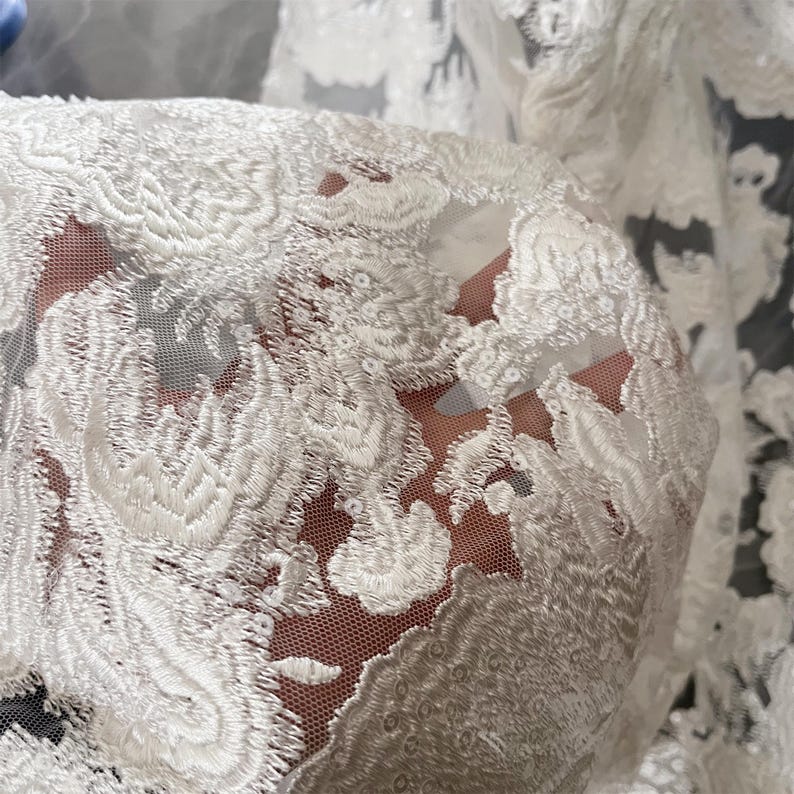 Luxury Flower Sequin Embroidery Lace Fabric: Bridal Couture, Off-White, By The Yard image 8