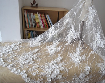 Beautiful 3D Flower Lace Fabric, Wedding Bridal Dress Lace Fabric, Tulle Embroidery Floral Lace Fabirc, Heavy Beaded Lace Fabric By The Yard