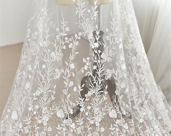 Floral Embroidered Lace Fabric: White & Champagne Gold Bridal Wedding Lace By The Yard