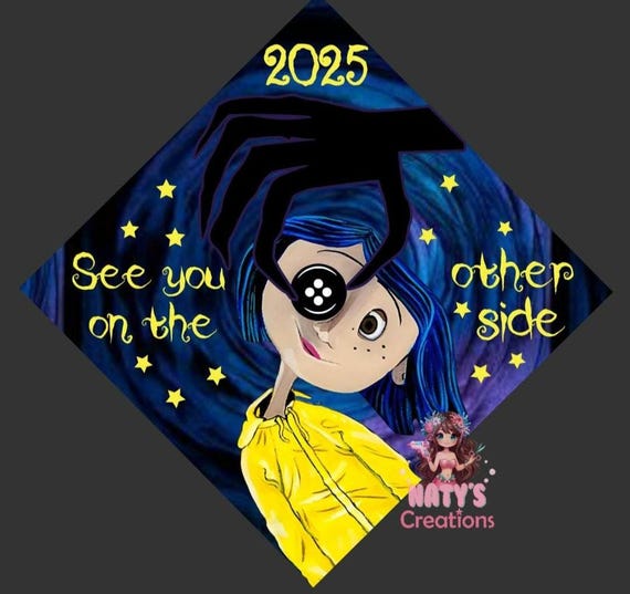 Graduation cap topper, Coraline Button eye girl, single layer printed