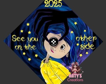 Graduation cap topper, Coraline Button eye girl, single layer printed