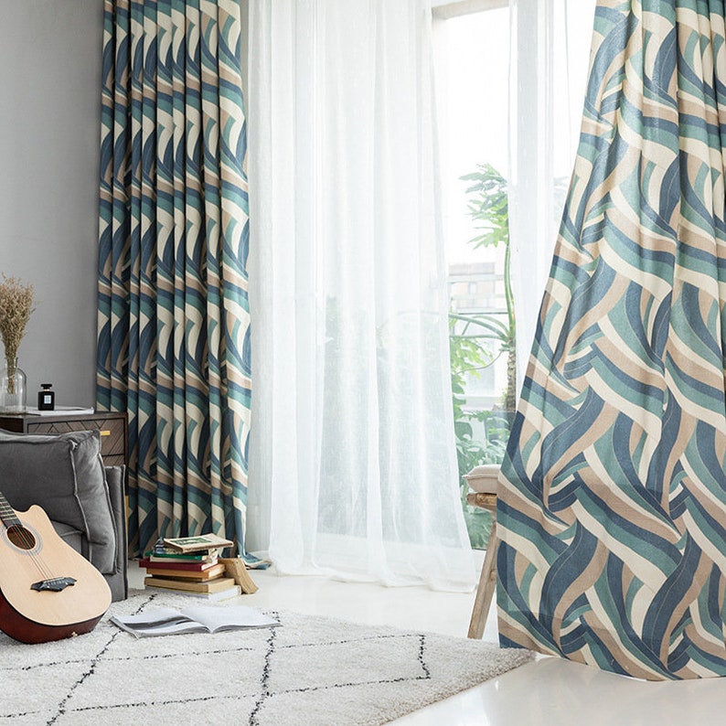living room drapes,custom curtains,green curtains Window Treatments Custom Geometric striped curtain,cotton curtains,bedroom curtain panel