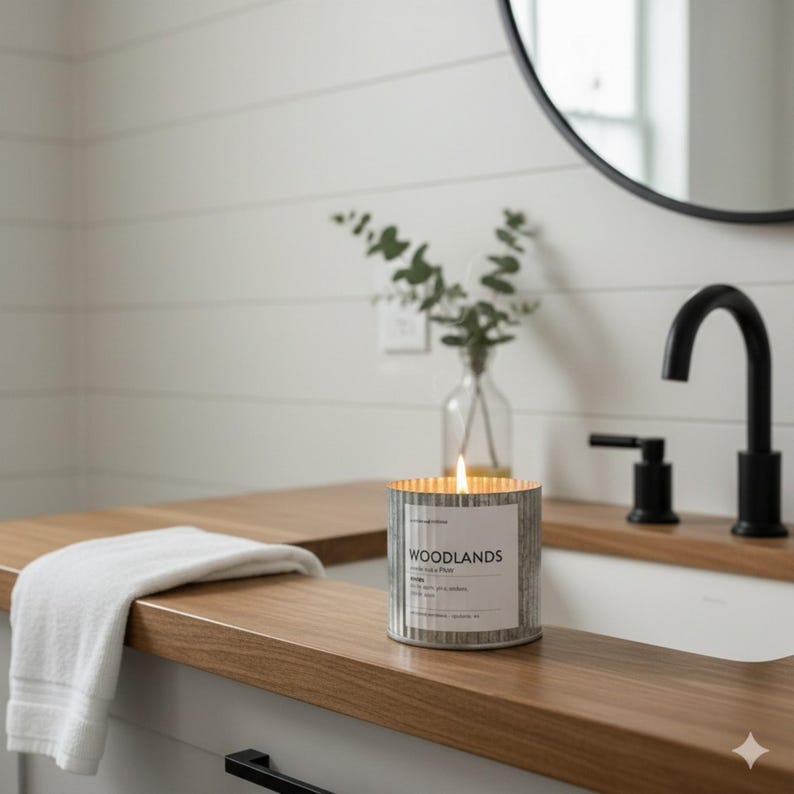 image of a candle burning in a modern farmhouse chic bathroom