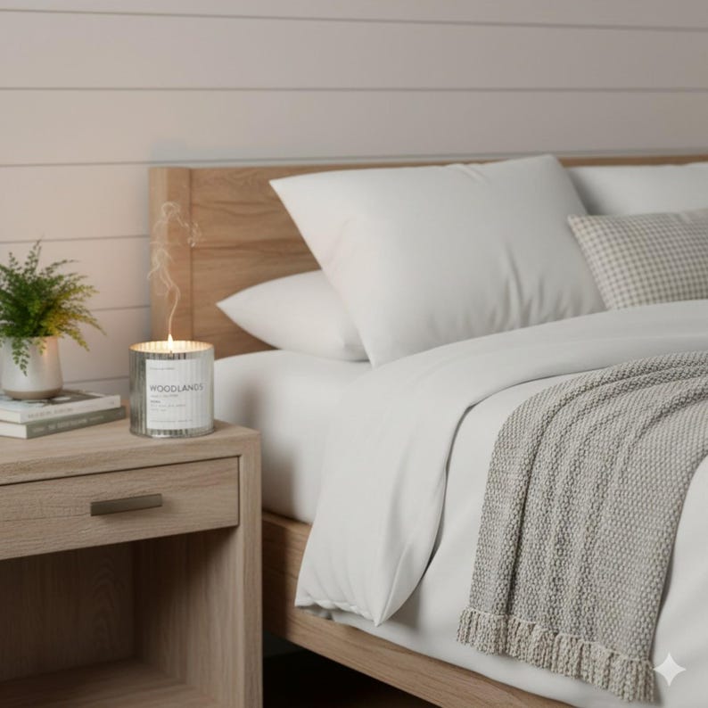 image of a candle burning in a modern farmhouse chic bathroom