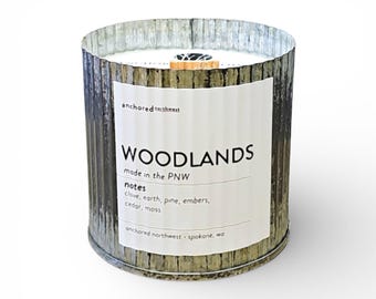 Woodlands Wood Wick Candle | Cedar Pine Moss Scent | Rustic Tin Vessel