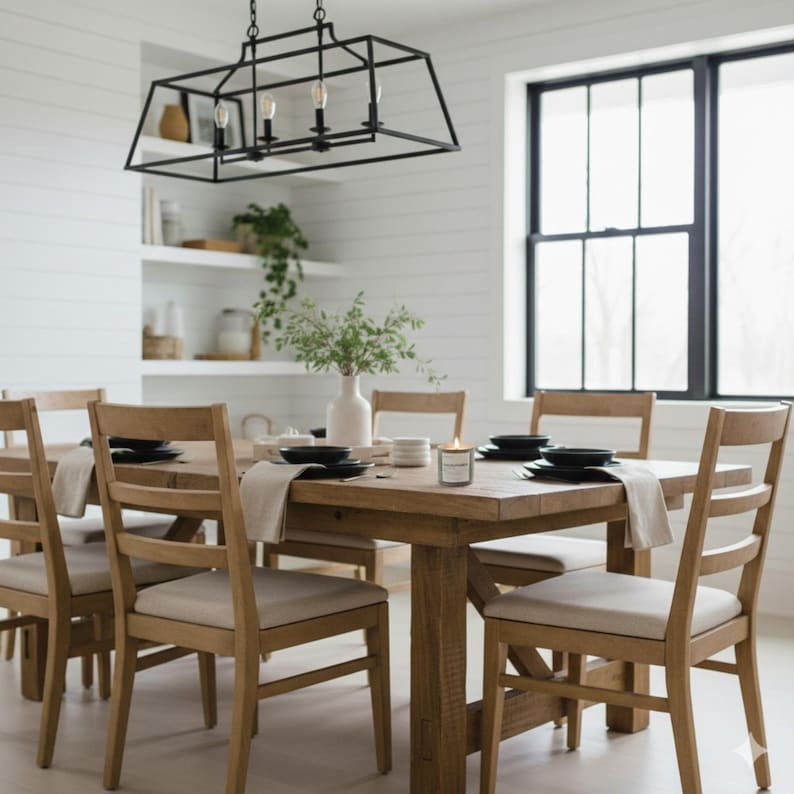 Modern farmhouse dining room with a wooden table and chairs, black metal chandelier overhead, and neutral table setting in a bright space