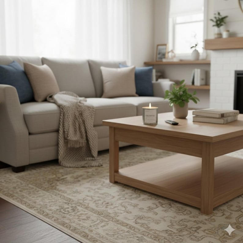 Cozy living room with neutral sofa and rustic wood coffee table featuring a lit ‘Girlfriend’ wood wick candle, soft throw blanket, and warm natural light.