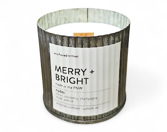 Merry & Bright Wood Wick Candle, Christmas Candle, Cranberry Citrus Holiday Candle, Stocking Stuffer, Rustic Farmhouse Christmas Decor