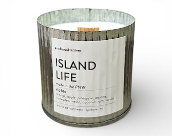 Vela de mecha de madera Island Life / Aroma a piña y coco tropical / Decoración playera