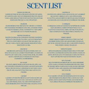Puede incluir: Una lista de fragancias con descripciones. Incluye aromas como "Farmhouse Streusel", "Fraser Fir", "Frosted Gingersnap" y "Girlfriend", cada uno con descripciones detalladas de sus perfiles arom&aacute;ticos.