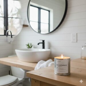 Mountainside wood wick candle burning in a corrugated metal container on a wooden bathroom vanity, with a round mirror and vessel sink in the background.