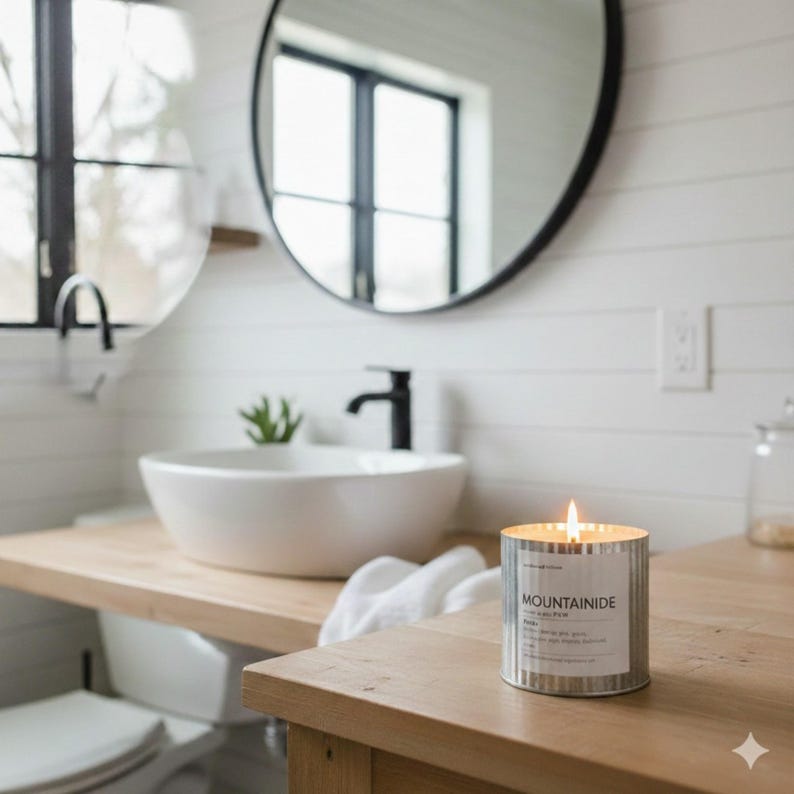 Mountainside wood wick candle burning in a corrugated metal container on a wooden bathroom vanity, with a round mirror and vessel sink in the background.