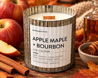Vela de manzana, arce y bourbon / Vela acogedora de otoño / Vela rústica de granja / Vela con mecha de madera