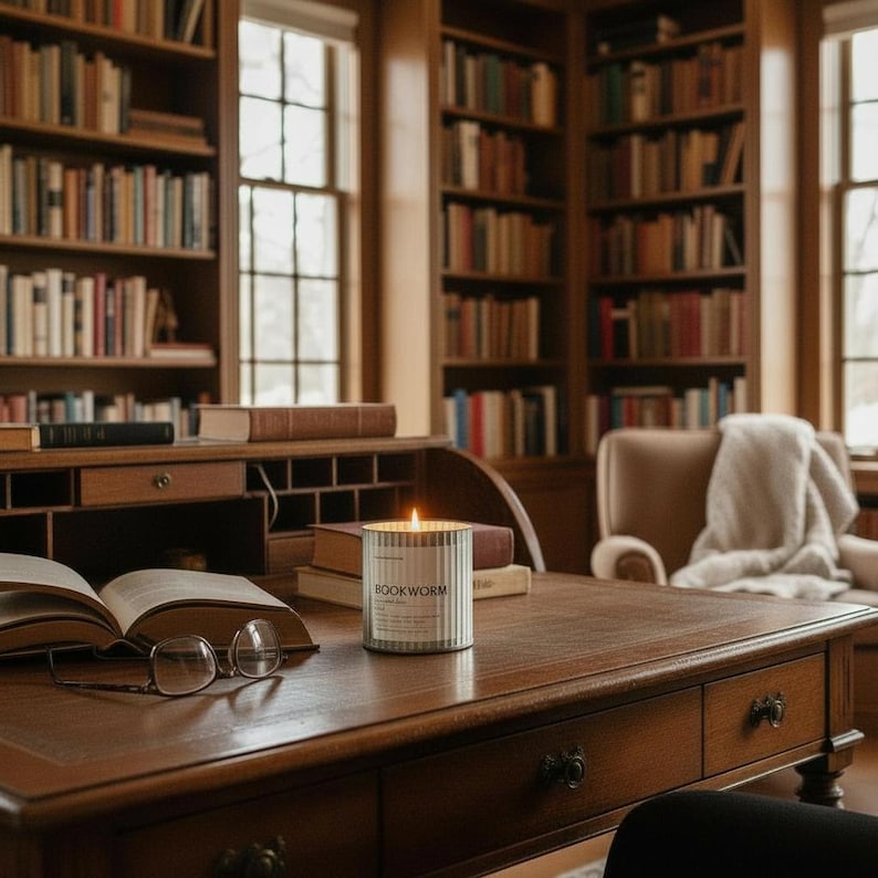 candle burning in a dark moody home library