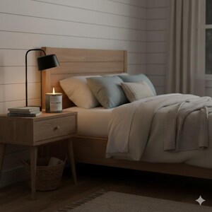 candle burning in a modern farmhouse chic bedroom