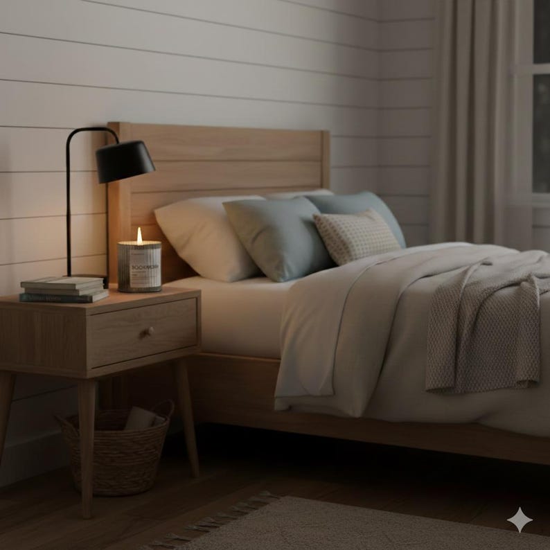 candle burning in a modern farmhouse chic bedroom
