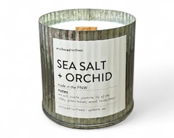 Sal marina y orquídea / Vela con mecha de madera / Velas caseras / Decoración rústica / Regalo para el Día de la Madre / Regalo para mamá / Velas de primavera