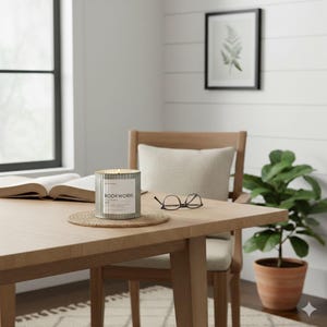 candle burning in a modern farmhouse chic dining room table