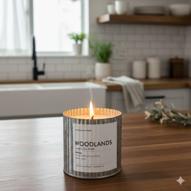 image of a candle burning in a modern farmhouse chic kitchen