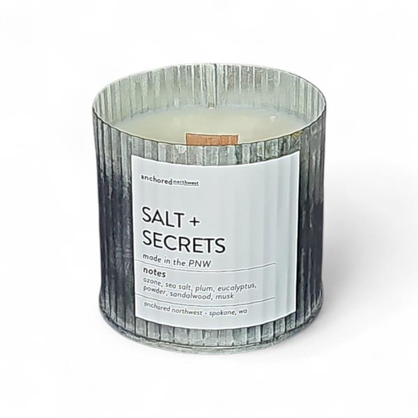 Salt & Secrets Candle, Sea Salt Ocean Candle, Dark Musk Sandalwood Candle, Coastal Beach Scent, Wood Wick Candle, Spa Clean Scent
