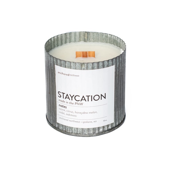 Staycation | Wood Wick Candle | Rustic Home Decor | Farmhouse Vintage | Galvanized Decor | Gift for Her | Travel Gifts | Housewarming Gifts