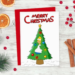 Carte d'arbre de Noël de Homer Simpson | Homer reculant dans Bush | La carte de Noël drôle des Simpsons