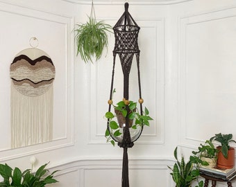 Handmade Retro Inspired Large Classic Macrame Plant Hanger in Brown with Vintage Ceramic Beads