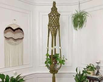 Handmade Retro Inspired Large Classic Macrame Plant Hanger in Green with Vintage Ceramic Beads