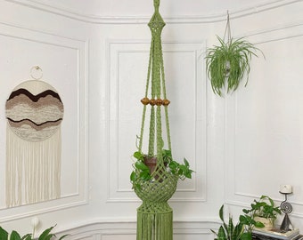 Handmade Retro 70s Inspired Large Statement Macrame Plant Hanger in Avocado Green with Vintage Ceramic Beads