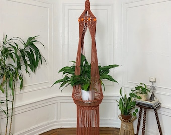 Handmade Retro 70s Inspired Large Statement Macrame Plant Hanger Hanging Table in Terracotta with Vintage Deadstock Orange Plastic Beads