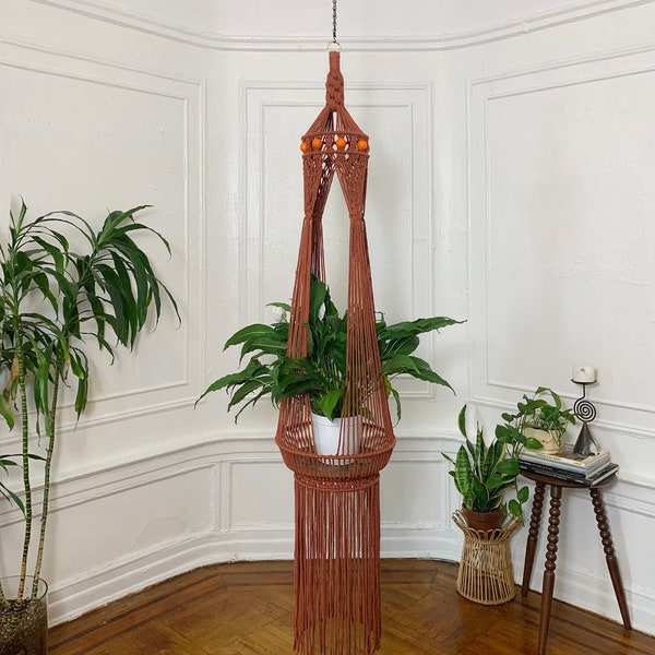 Handmade Retro 70s Inspired Large Statement Macrame Plant Hanger Hanging Table in Terracotta with Vintage Deadstock Orange Plastic Beads