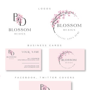 Logo et carte de visite de fleurs de cerisier préfabriqués, kit de marque, logo Sakura rose pour une photographie de mariage, agence de mariage, coaching personnel