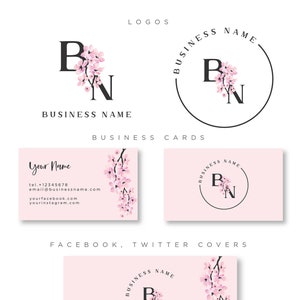 Logo e biglietto da visita predefiniti con fiori di ciliegio, kit di branding, logo Pink Sakura per un'agenzia di fotografia di matrimonio, agenzia di matrimonio, coaching personale