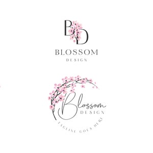 Logo predefinito con fiori di ciliegio, logo con Sakura per un'agenzia di fotografia di matrimonio, agenzia di matrimonio, coaching personale